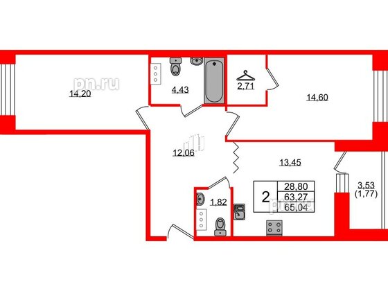 Квартира в ЖК Квартал Уютный, 2 комнатная, 65.04 м², 3 этаж