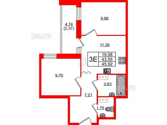 Квартира в ЖК Квартал Уютный, 2 комнатная, 45.92 м², 3 этаж