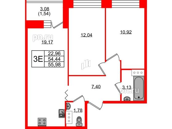 Квартира в ЖК Квартал Уютный, 2 комнатная, 55.98 м², 3 этаж