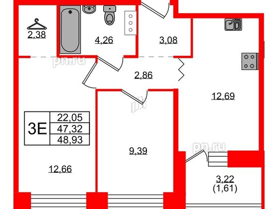 Квартира в ЖК Квартал Уютный, 2 комнатная, 48.93 м², 3 этаж