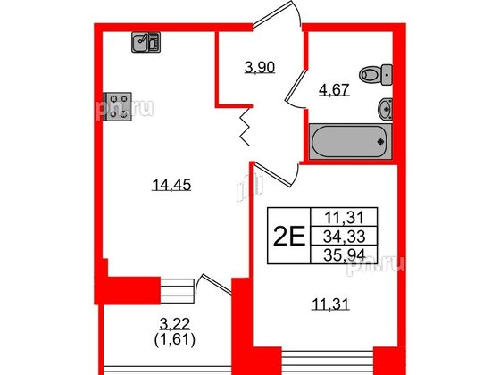 Квартира в ЖК Квартал Уютный, 1 комнатная, 35.94 м², 2 этаж