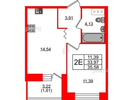 Квартира в ЖК Квартал Уютный, 1 комнатная, 35.58 м², 4 этаж