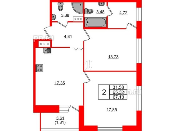 Квартира в ЖК Квартал Уютный, 2 комнатная, 67.13 м², 3 этаж