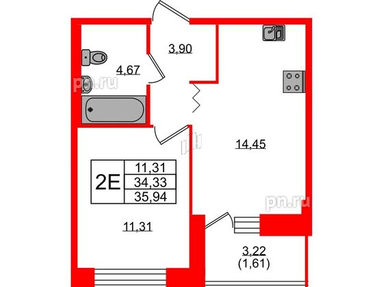 Квартира в ЖК Квартал Уютный, 1 комнатная, 35.94 м², 2 этаж