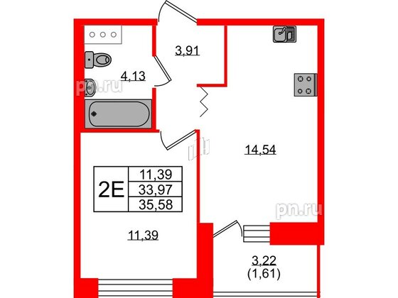 Квартира в ЖК Квартал Уютный, 1 комнатная, 35.58 м², 4 этаж