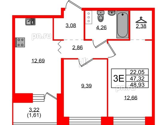 Квартира в ЖК Квартал Уютный, 2 комнатная, 48.93 м², 4 этаж