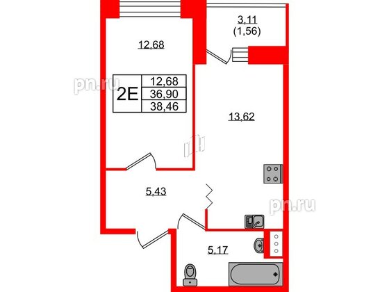 Квартира в ЖК Квартал Уютный, 1 комнатная, 38.46 м², 3 этаж