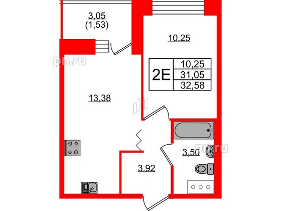 Квартира в ЖК Квартал Уютный, 1 комнатная, 32.58 м², 6 этаж