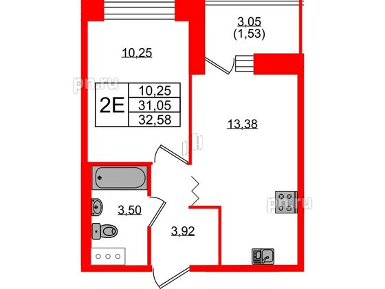 Квартира в ЖК Квартал Уютный, 1 комнатная, 32.58 м², 3 этаж