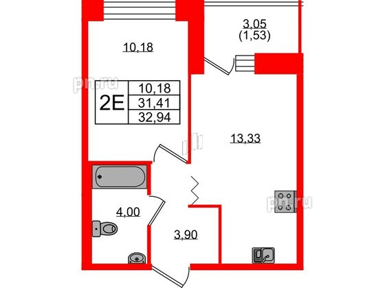 Квартира в ЖК Квартал Уютный, 1 комнатная, 32.94 м², 2 этаж