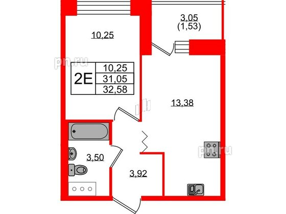 Квартира в ЖК Квартал Уютный, 1 комнатная, 32.58 м², 6 этаж