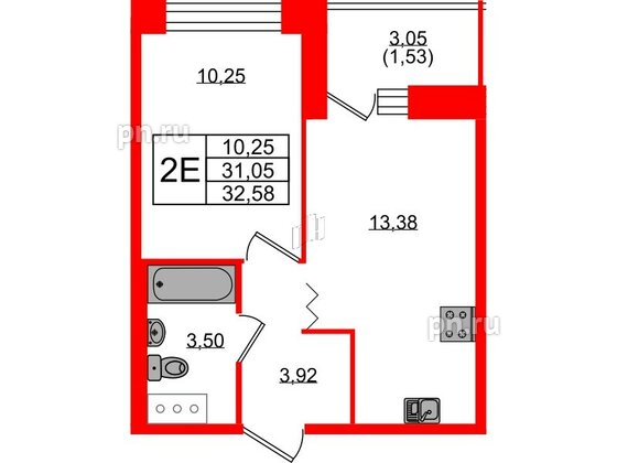 Квартира в ЖК Квартал Уютный, 1 комнатная, 32.58 м², 9 этаж