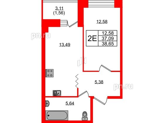 Квартира в ЖК «Квартал Уютный», 1 комнатная, 38.7 м², 2 этаж