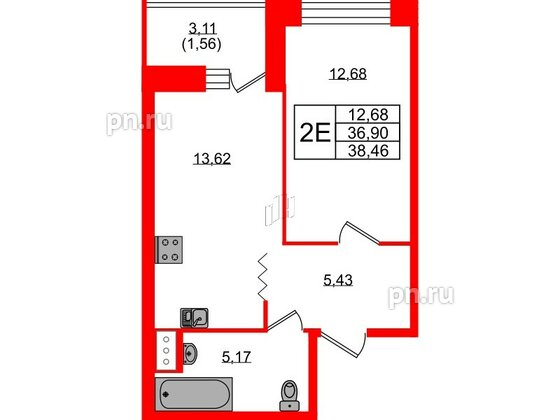 Квартира в ЖК Квартал Уютный, 1 комнатная, 38.46 м², 3 этаж