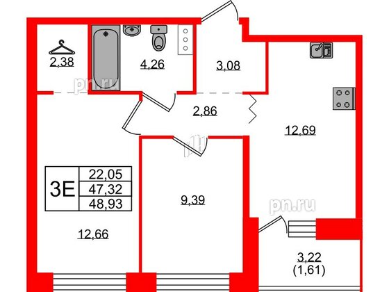 Квартира в ЖК Квартал Уютный, 2 комнатная, 48.93 м², 8 этаж