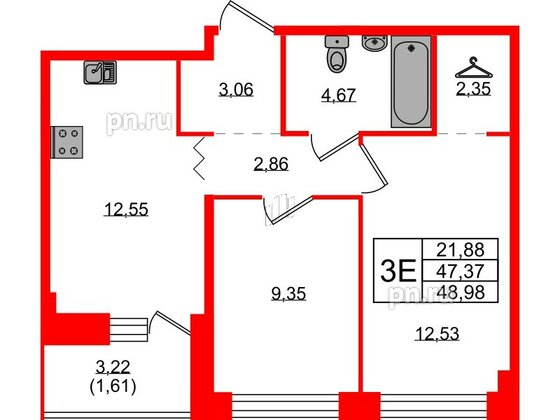 Квартира в ЖК Квартал Уютный, 2 комнатная, 48.98 м², 2 этаж