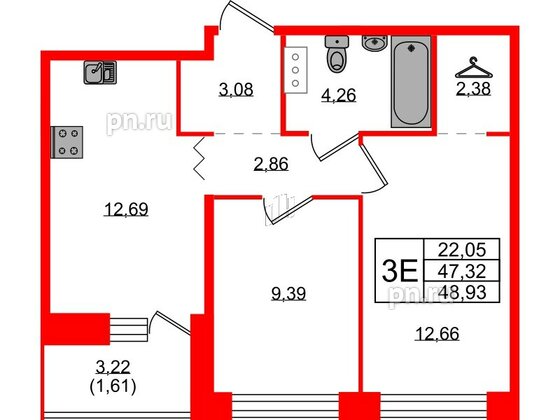 Квартира в ЖК Квартал Уютный, 2 комнатная, 48.93 м², 3 этаж