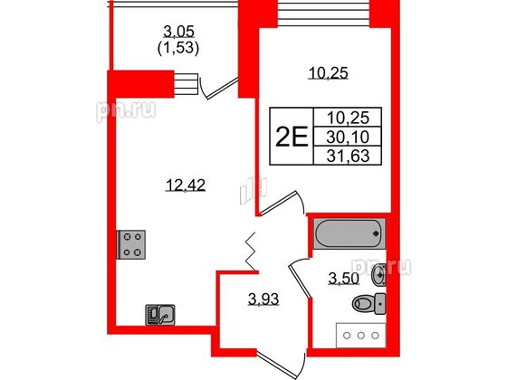 Квартира в ЖК Квартал Уютный, 1 комнатная, 31.63 м², 3 этаж