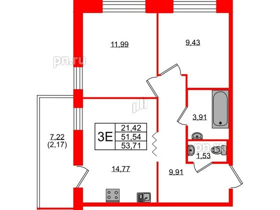 Квартира в ЖК Квартал Уютный, 2 комнатная, 53.71 м², 2 этаж