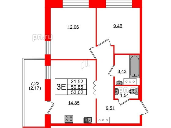 Квартира в ЖК Квартал Уютный, 2 комнатная, 53.02 м², 3 этаж