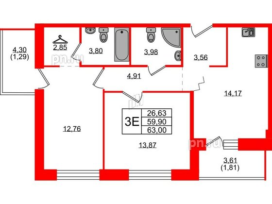 Квартира в ЖК Квартал Уютный, 2 комнатная, 63 м², 2 этаж