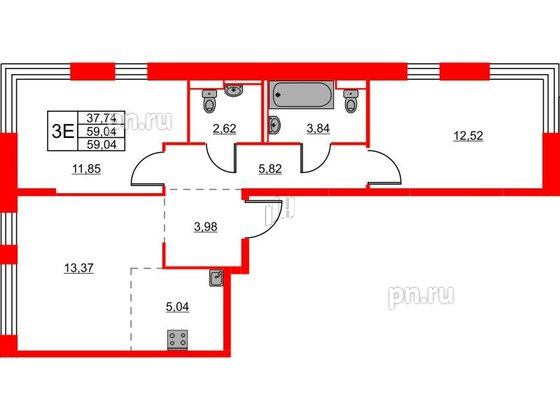 Квартира в ЖК Живи в Рыбацком, 2 комнатная, 59.04 м², 2 этаж