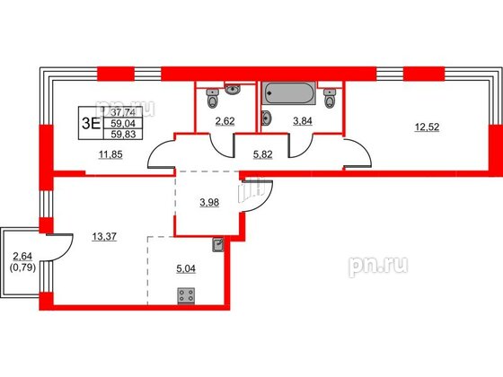 Квартира в ЖК Живи в Рыбацком, 2 комнатная, 59.83 м², 9 этаж