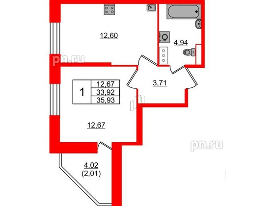 Квартира в ЖК Живи в Рыбацком, 1 комнатная, 35.93 м², 3 этаж