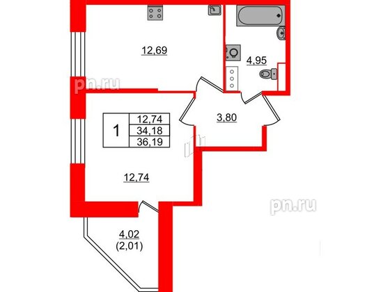 Квартира в ЖК Живи в Рыбацком, 1 комнатная, 36.19 м², 12 этаж