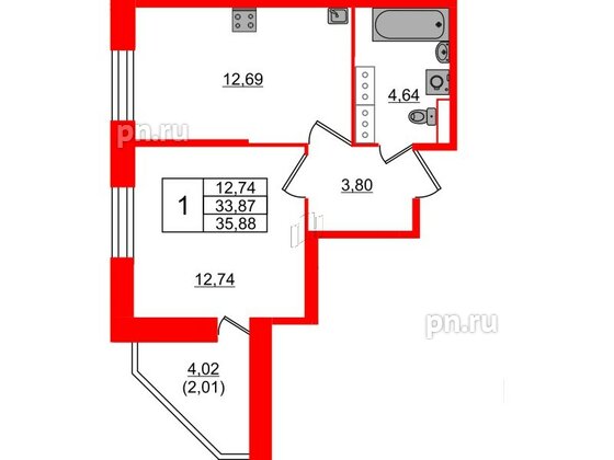 Квартира в ЖК Живи в Рыбацком, 1 комнатная, 35.88 м², 19 этаж