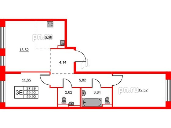 Квартира в ЖК Живи в Рыбацком, 2 комнатная, 59.9 м², 9 этаж