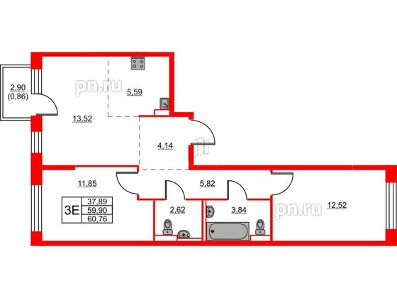 Квартира в ЖК Живи в Рыбацком, 2 комнатная, 60.76 м², 11 этаж