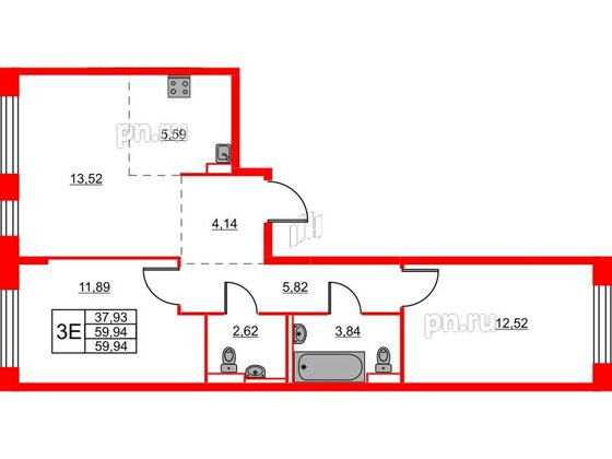 Квартира в ЖК Живи в Рыбацком, 2 комнатная, 60.69 м², 17 этаж