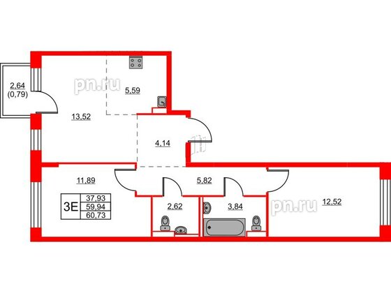 Квартира в ЖК Живи в Рыбацком, 2 комнатная, 60.73 м², 19 этаж