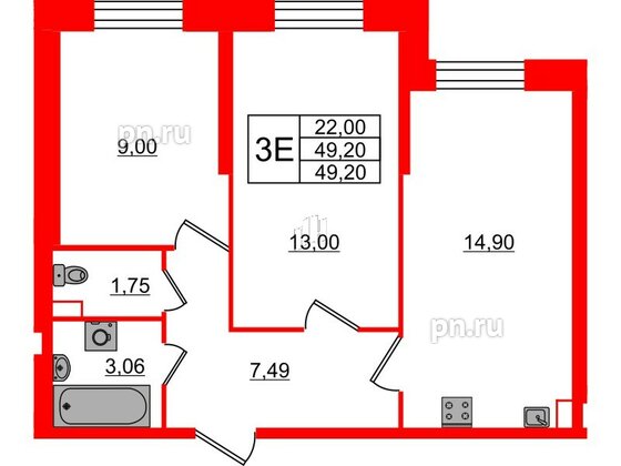 Квартира в ЖК Живи в Рыбацком, 2 комнатная, 49.2 м², 1 этаж