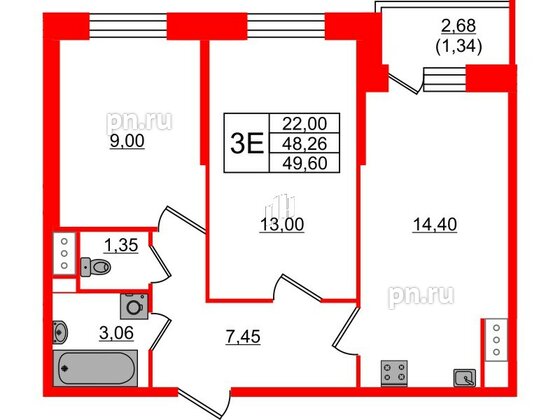 Квартира в ЖК Живи в Рыбацком, 2 комнатная, 49.6 м², 4 этаж