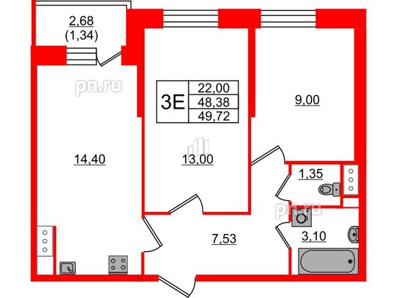 Квартира в ЖК Живи в Рыбацком, 2 комнатная, 49.72 м², 4 этаж