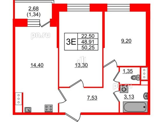 Квартира в ЖК Живи в Рыбацком, 2 комнатная, 50.25 м², 8 этаж