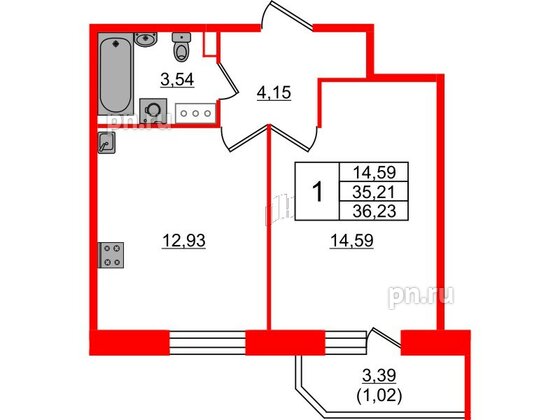 Квартира в ЖК Живи в Рыбацком, 1 комнатная, 36.23 м², 12 этаж