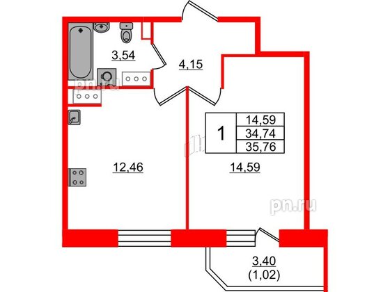 Квартира в ЖК Живи в Рыбацком, 1 комнатная, 35.76 м², 17 этаж