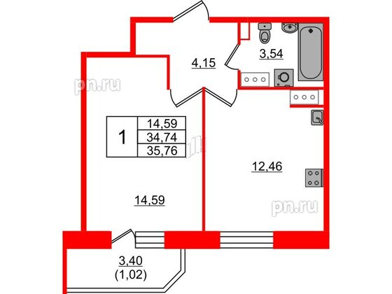 Квартира в ЖК Живи в Рыбацком, 1 комнатная, 35.76 м², 14 этаж