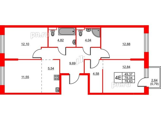 Квартира в ЖК Живи в Рыбацком, 3 комнатная, 78.83 м², 3 этаж