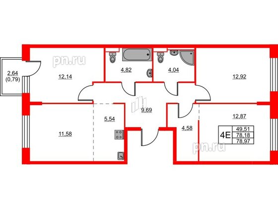 Квартира в ЖК Живи в Рыбацком, 3 комнатная, 78.97 м², 18 этаж