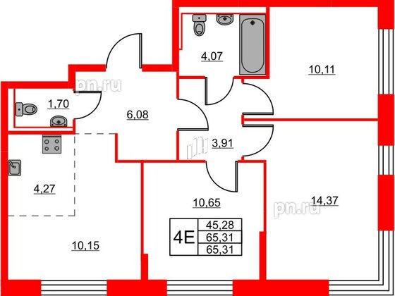 Квартира в ЖК Живи в Рыбацком, 3 комнатная, 65.31 м², 18 этаж