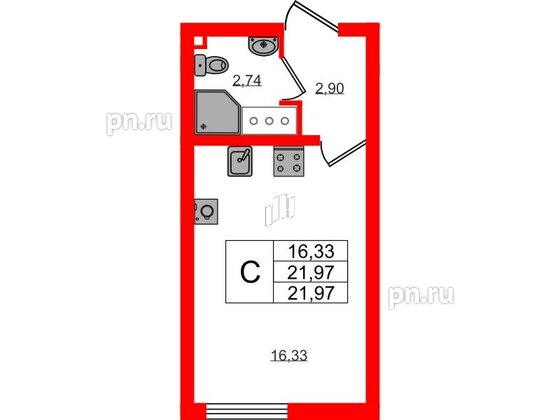 Квартира в ЖК 'Морская миля', студия, 21.97 м², 7 этаж