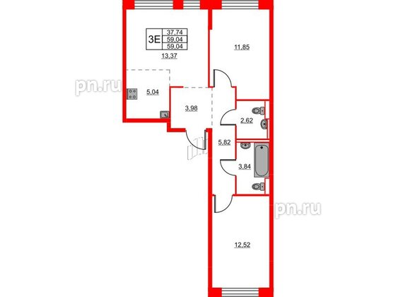 Квартира в ЖК Живи в Рыбацком, 2 комнатная, 59.04 м², 21 этаж