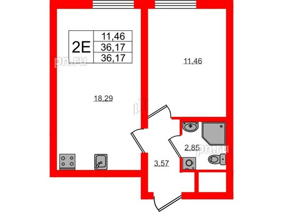 Квартира в ЖК 'Морская миля', 1 комнатная, 36.17 м², 2 этаж