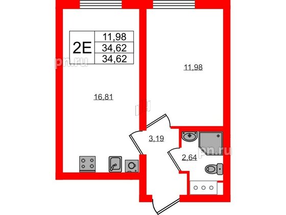 Квартира в ЖК 'Морская миля', 1 комнатная, 34.62 м², 7 этаж