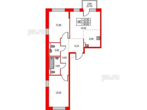 Квартира в ЖК Живи в Рыбацком, 2 комнатная, 60.69 м², 18 этаж