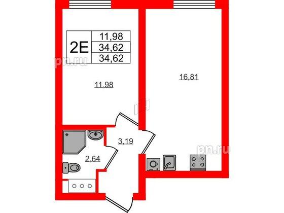 Квартира в ЖК 'Морская миля', 1 комнатная, 34.62 м², 11 этаж